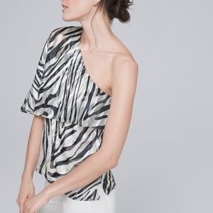 EUC White House Black Market Zebra One Shoulder Blouse